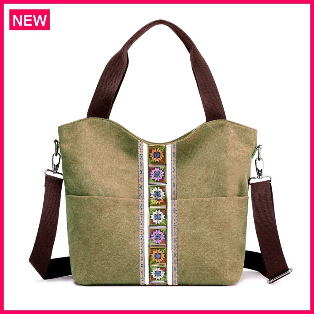 Large Canvas Tote Bag with Embroidery, Multi-Pocket Crossbody Shoulder Purse